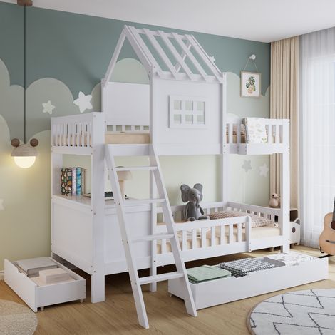 Litera infantil de 90x200 cm con 2 cajones con ruedas, mesa y cesta de almacenamiento, de madera, sin colchón, blanco (1/5)