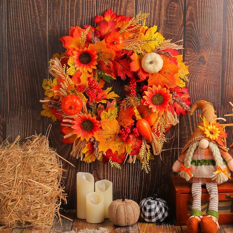 Guirlande D'automne - Anneau En Rotin Naturel Avec Citrouilles Et Feuilles D'érable - Décoration Murale Et Porte D'entrée - 40 cm (1/5)