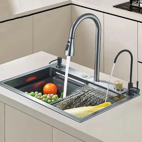 Fregadero de acero inoxidable con efecto cascada, gran capacidad, multifuncional con grifo integrado, estilo clásico, 60 x 45 cm - 001 (1/5)