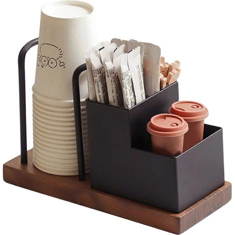 Porte-gobelets en papier jetables en bois de noyer pour la maison, la cuisine et le bureau rangement pour sachets de café, sucre et thé. Station café (1/5)