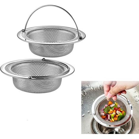 Set di 2 filtri per lavello da cucina, in acciaio inox con maniglia, cestello raccogli-rifiuti, anti-intasamento, per lavelli da cucina e bagno - Argento (1/5)