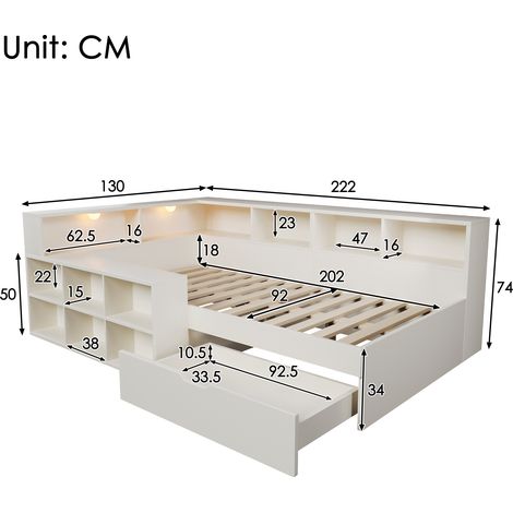 Lit 90x200 cm avec espace de rangement et lampe de lecture, lit en bois, lit simple, lit de jour, lit fonctionnel avec ports de chargement USB Type-C, tiroirs et étagère ouverte, blanc (sans matelas) (1/5)