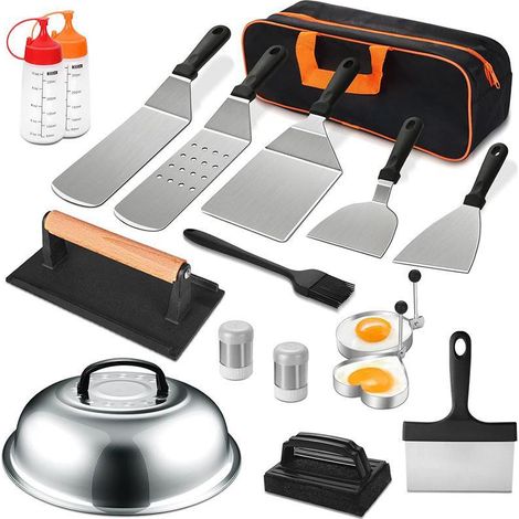 d’accessoires 17 pièces pour grill, ensemble d’accessoires barbecue à table plate pour les chefs Blackstone et de camp, ensemble de spatules barbecue avec spatule grossissante, couvercle de cuisson, (1/5)