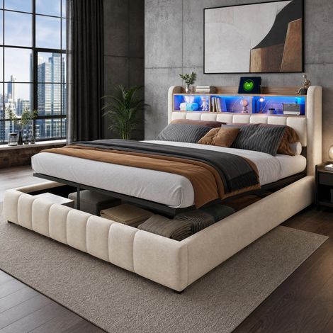 Cama tapizada 180x200 cm beige en lino con LED regulable, USB-C y almacenamiento hidráulico (1/5)