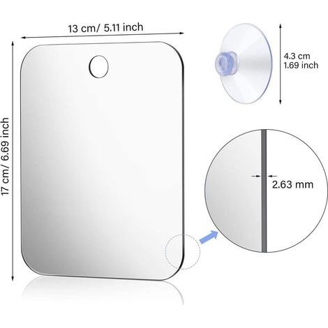 Ncheli Miroir de Rasage Anti-Buée Incassable avec Ventouse - Miroir Mural Salle de Bain/Douche/Camping - Portable 17x13cm (sans Cadre) (1/4)