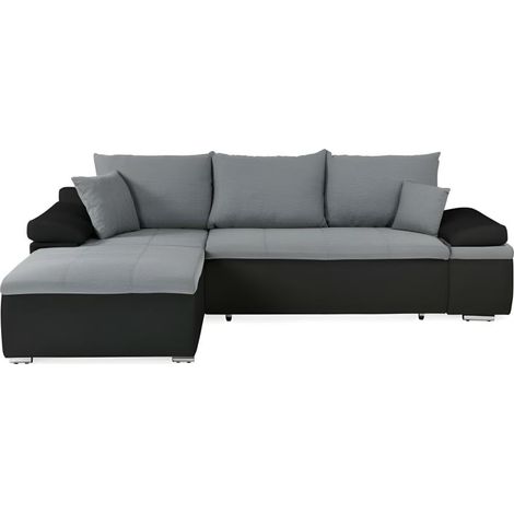 Canapé d'angle réversible convertible 3 places+Coffre - Simili noir et tissu gris - L 274 x P 184 cm - CELINA - Fabriqué en Ukraine (1/5)