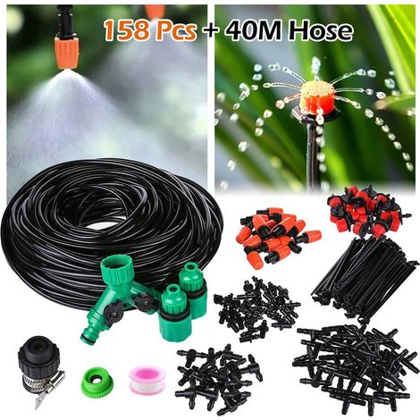 (158 pièces - Tuyau de 40 m) 1 kit de buses de brumisation pour système d'irrigation portable avec brumisation et arrosage automatique. Tuyau d'arrosage de 40 m avec tête de pulvérisation, raccord en
