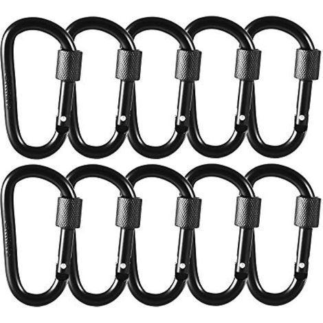 Lot de 10 mousquetons à vis de 8 cm en forme de D, en alliage d'aluminium, pour sac à dos, randonnée, camping, voyage, pêche et autres activités de plein air, noir. (1/5)