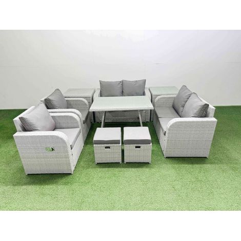 Fimous 8 Seater Rattan Garden Furniture Set Outdoor Love Sofa Set with Rectangular Dining Table 2 Side Tables 2 Small Footstools Light Grey (1/4)