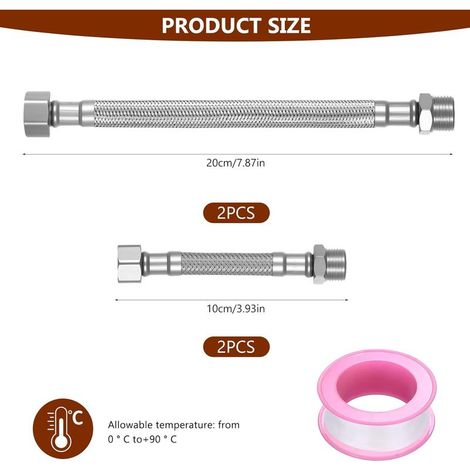 Stück flexible Wasserhahn-Anschlussschläuche G3/8", Edelstahl-Geflechtschlauch-Verlängerungsfittings, Spülbecken-Verlängerungsrohre für Küchen- und Badezimmerarmaturen (10 cm, 20 cm) (1/5)