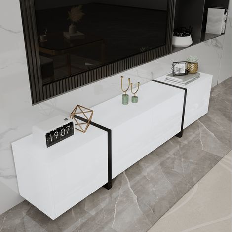 Meuble TV blanc brillant 170×30×39cm – 4 portes et 1 tiroirs – avec éclairage LED – Design linéaire moderne pour salon (1/5)