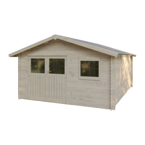 Décor Et Jardin – Abri de jardin bois 398x298 cm – Surface utile 10,14 m² – Épaisseur madriers 34 mm – Double porte vitrée avec serrure – Toiture en feutre bitumeux (1/5)