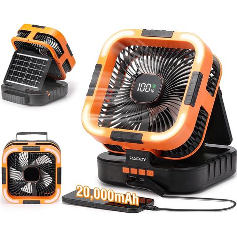 Ventilateur de camping rechargeable 20 000 mAh, portable, batterie intégrée, 3 W panneau solaire, USB, LED, 6 vitesses, oscillation 90°, tente, BBQ, plein air (1/5)
