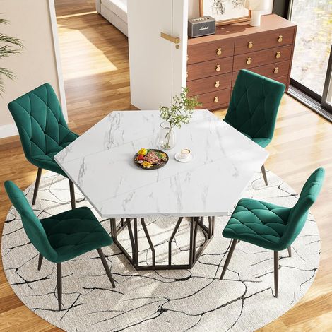 Table à Manger Hexagonale avec Pieds en Métal Noir, Plateau MDF Épais et Lisse, Style Moderne pour Salle à Manger, 115,5 x 100 x 75 cm – Blanc (1/5)