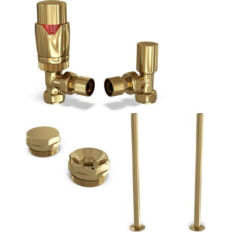 Stirling Bold - Polished Brass Thermostatic Radiator Valve & Installation Kit Angled 15mm (1/4)