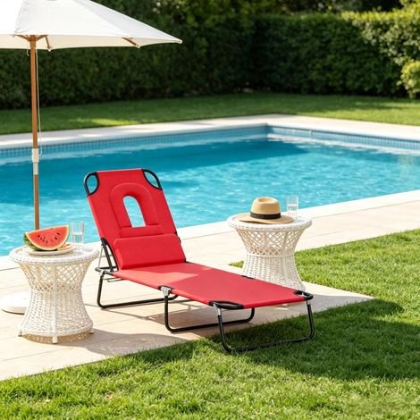 Transat bain soleil chaise longue pliable rouge HAVRYA (1/5)