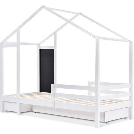 Cama cabaña infantil 90 x 200 cm con pizarra, 2 cajones, pino, blanca, sin colchón (1/5)