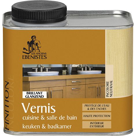 Les Anciens Ebenistes – Vernis en aérosol cuisine et bain 450ml – Finition brillante – Protège contre l'eau et les taches – Pour bois dur et teck (1/5)