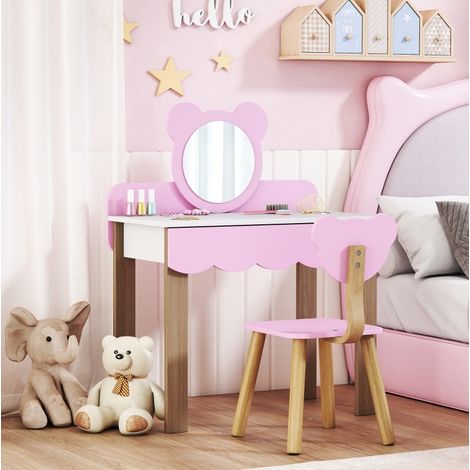 coiffeuse enfant 68x35x86 cm rose – miroir ourson, tabouret inclus, 2 pièces (1/5)