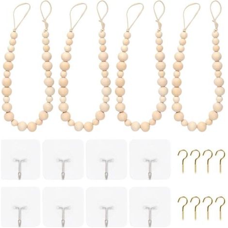 Lot de 4 embrasses de rideaux en perles de bois faites à la main en corde de coton pour chambre élégante charme naturel (1/4)
