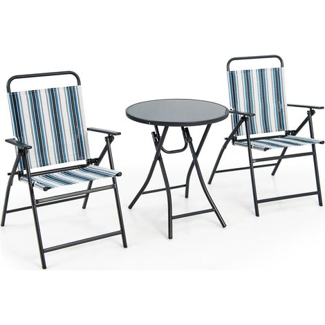 GOPLUS 3 PCs Salon de Jardin Pliable-2 Chaises en Textilène et 1 Table Basse en Verre Trempé-Cadre Métallique-pour Jardin/Terrasse (1/5)