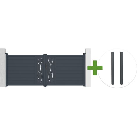 Portail battant 3,5m LIFE H.140cm aluminium gris + 2 poteaux ELDA aluminium gris 15x15cm (1/5)