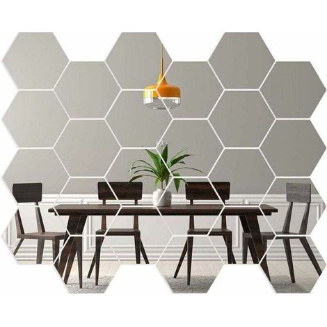 Miroir Hexagonal Pour Porte d'Armoire Géométriques Hexagone Muraux Miroirs Bricolage Décoratif 3D Hexagone Acrylique Miroir Pour La Maison Salon Canapé Tv Réglage Décoration Murale Argent-Fei Yu