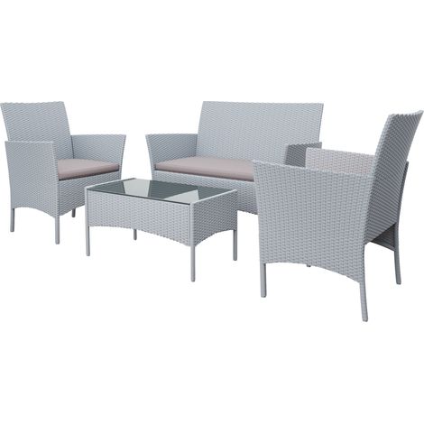 Salon de jardin - 4 places - Mobilier d'extérieur - 1 canapé. 2 fauteuils. une table basse - aspect rotin - Table et Chaise de Terrasse - Gris