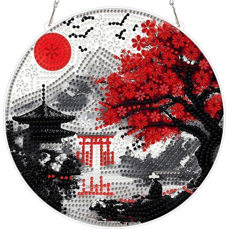 Décoration suspendue peinture diamant paysage japonais double face 20x20cm