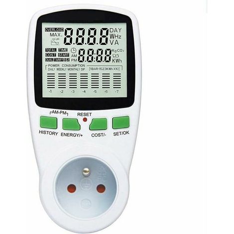 Green Mobility-One Piece PlugIn Watt KW Meter, ampèremètre de moniteur d'électricité domestique, wattmètre Socket compteur d'énergie, testeur d'analyseur de compteur, protection contre les surcharges
