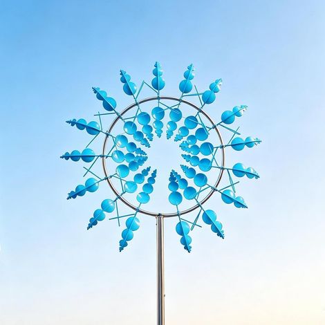 Windrad Garten Metall 3D drehbar wetterfest, Windspiel für Balkon & Rasen (Blau)