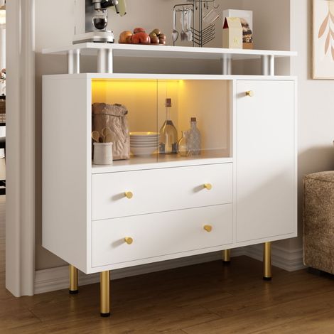 Buffet moderne à éclairage LED deux portes coulissantes verre deux tiroirs une porte poignées et pieds métalliques L80 x P35 x H80 cm salon couloir salle à manger (1/4)