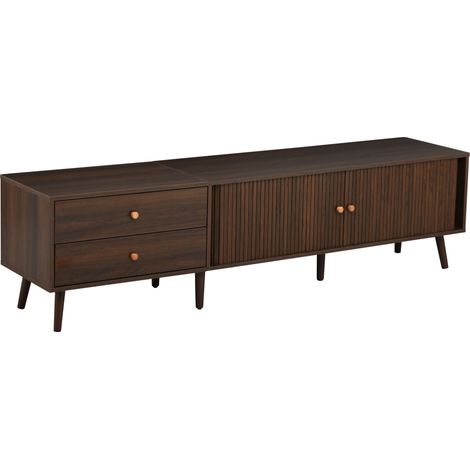Meuble TV en MDF couleur noyer 180 x 40 x 46,5 cm avec 2 tiroirs, 2 portes coulissantes et 8 pieds pour téléviseurs jusqu'à 80 pouces (1/5)