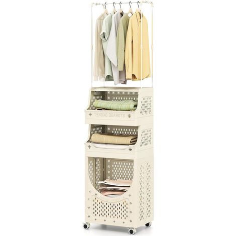 COSTWAY Panier Linge Pliable 4 Niveaux avec Cintre, Bac Linge Sale Plastique a roulettes Verrouillables, 21L+21L+40L, 8 Crochets Amovibles, pour Buanderie, Salle de Bain, Chambre (21L+21L+40L,Pro) (1/5)