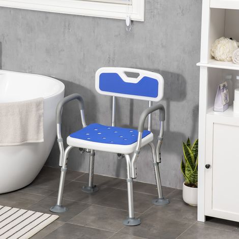 Duschhocker, ergonomischer Duschstuhl, höhenverstellbar, rutschfeste Füße, 56,5 x 53,5 x 87 cm, weiß und blau