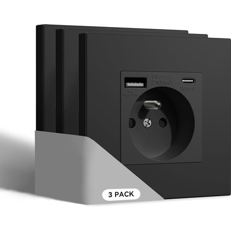 Prise Murale avec USB et 1 Type C,16A Prises de Courant Alternatif avec Panneau en Plastique,Convient au Smartphone,à la Tablette (1 Prise avec USB et Type C,Noir)-3 Paquests (1/5)