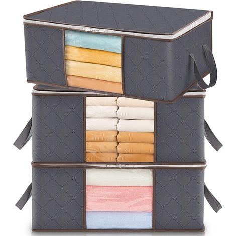 Sac de Rangement Vetement avec Poignées Renforcées, Housse Couettes avec Fenêtre Transparente, Boite Rangement sous lit Pliable, Organisateur Placard, Gris, 35 L, Lot de 3 (1/5)