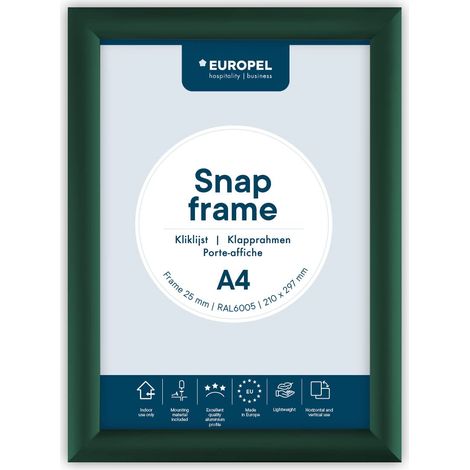 Cadre Porte affiche clipsable A4, couleur verte, Profil 25mm, Aluminium anodisé et protecteur anti-reflet, Dimensions extérieures 241x328 mm, Dos polystyrène gris (1/5)