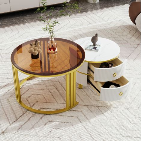 Set di 2 tavolini da caffè 70x70x45 / 50x50x40 cm bianco e marrone in vetro temperato e MDF con 2 cassetti (1/5)
