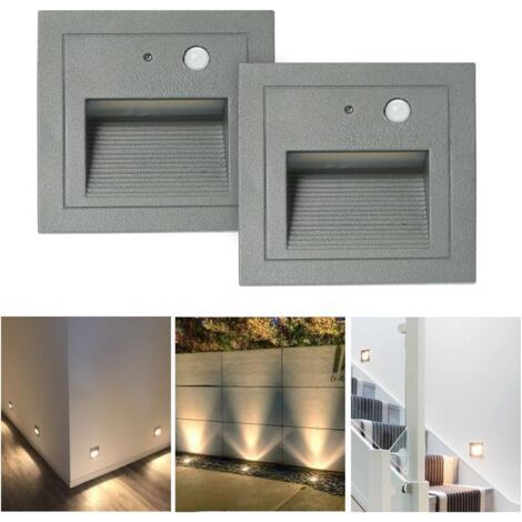Lot de 2 LED Spot Mural Encastré 3W Applique Murale Escalier Etape Lumière Lampe Détecteur de Mouvement Sol Encastré Lumière Escalier Lumière Hall Lampe 2800K Blanc Chaud-Cadre Blanc-gris Cha (1/4)