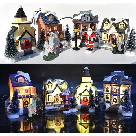 Maison De Village De Noël - Maison En Résine Avec Éclairage Led - Décoration De Noël Pour Intérieur - Lot De 10 Pièces (1/5)