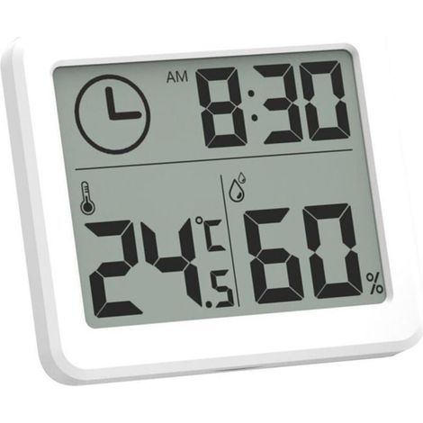 Mini Thermometre Interieur Numérique, Hygrometre Portable Professionnel à Grand Écran avec Horloge, Thermomètre Blanc Précis, Hygromètrepour la Maison (1/5)