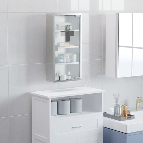 Armario botiquín de acero inoxidable plateado 30 x 12 x 60 cm con puerta de vidrio satinado y cerradura