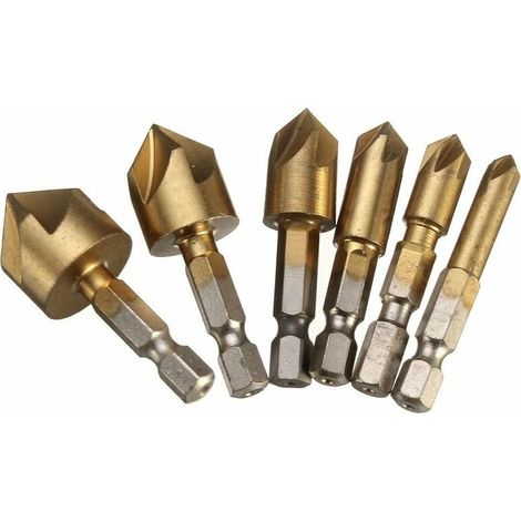 Juego de 6 brocas de bisel HSS de 90 grados, 5 flautas, para biselar agujeros, recubiertas de titanio, vástago hexagonal de 1/4", brocas para madera de 6 mm, 8 mm, 9 mm, 12 mm, 16 mm y 19 mm. (1/5)