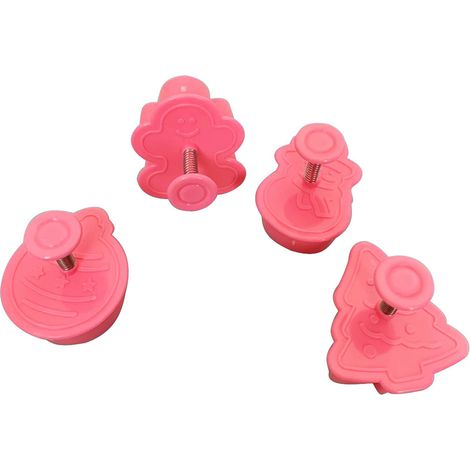 Set mit 4 Weihnachtsplätzchenausstechern: Weihnachtsbaum, Schneemann, Lebkuchen, Ausstecher mit Federmechanismus und Griff. (1/5)