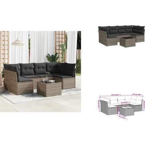7-tlg. Garten-Sofagarnitur mit Kissen Grau Poly Rattan - Gartenmöbel Set - PE-Rattan Möbel - Outdoor Sofa - Esstisch - Lounge Set (1/3)