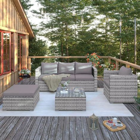 Set of 6 five-seater rattan garden furniture pieces with cushions for a coffee table, perfect for poolside, patio, balcony, or outdoor garden (1/5)
