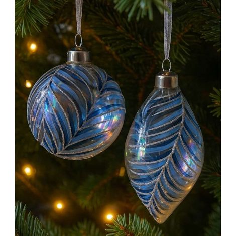 Decoris Sfera di Natale Vetro Trasparente con Decoro Foglia Blu - 8 cm