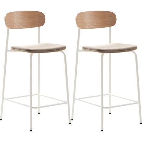 Lot de 2 tabourets de bar dossier bois assise tissu beige et pieds métal blanc - RIDILA (1/5)