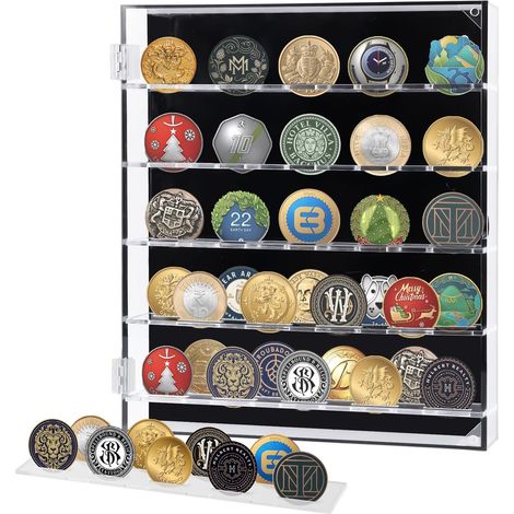 Boîte de rangement pour pièces de monnaie en acrylique avec étagères amovibles, vitrine de défi militaire avec porte magnétique pour 45 médailles militaires, pour médailles, badges, badges (1/5)